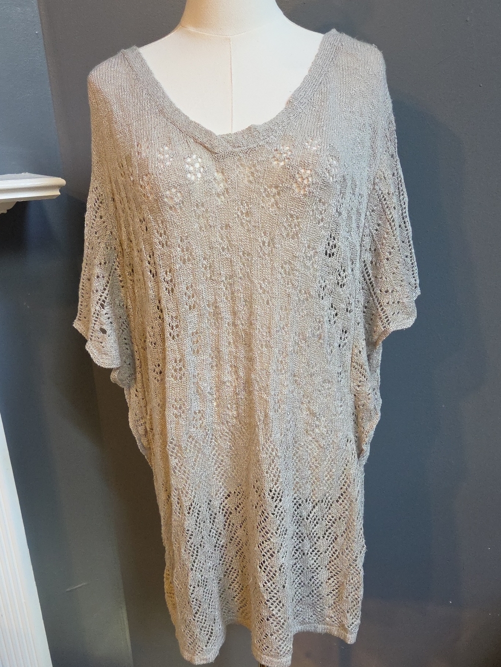 Eloquii Taupe Openwork Crochet V-Neck Tunic